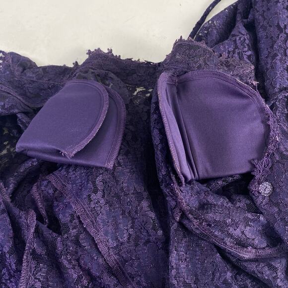 🥀 Vintage Purple Floral Lace High Neck Button Front Long Overlay Midi Dress Sz M - Picture 8 of 8